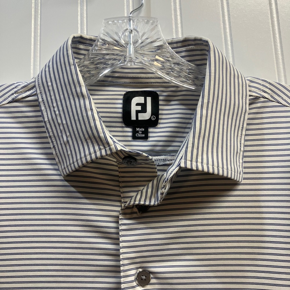 FootJoy Men's L ProDry Golf Polo Shirt White Navy Pinstripe Staley Farms KC Logo